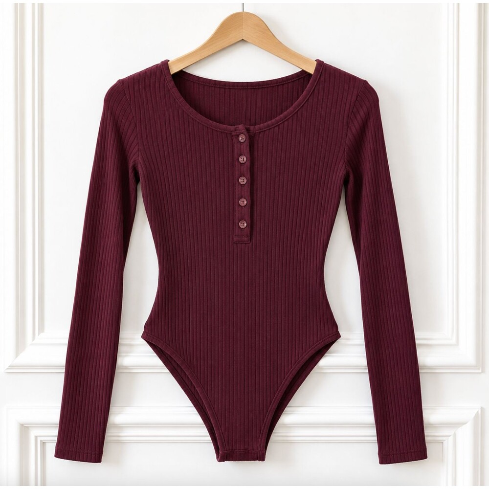 Olivaceous Ribbed Henley Bodysuit Burgundy Snap Front Long Sleeve Women's S